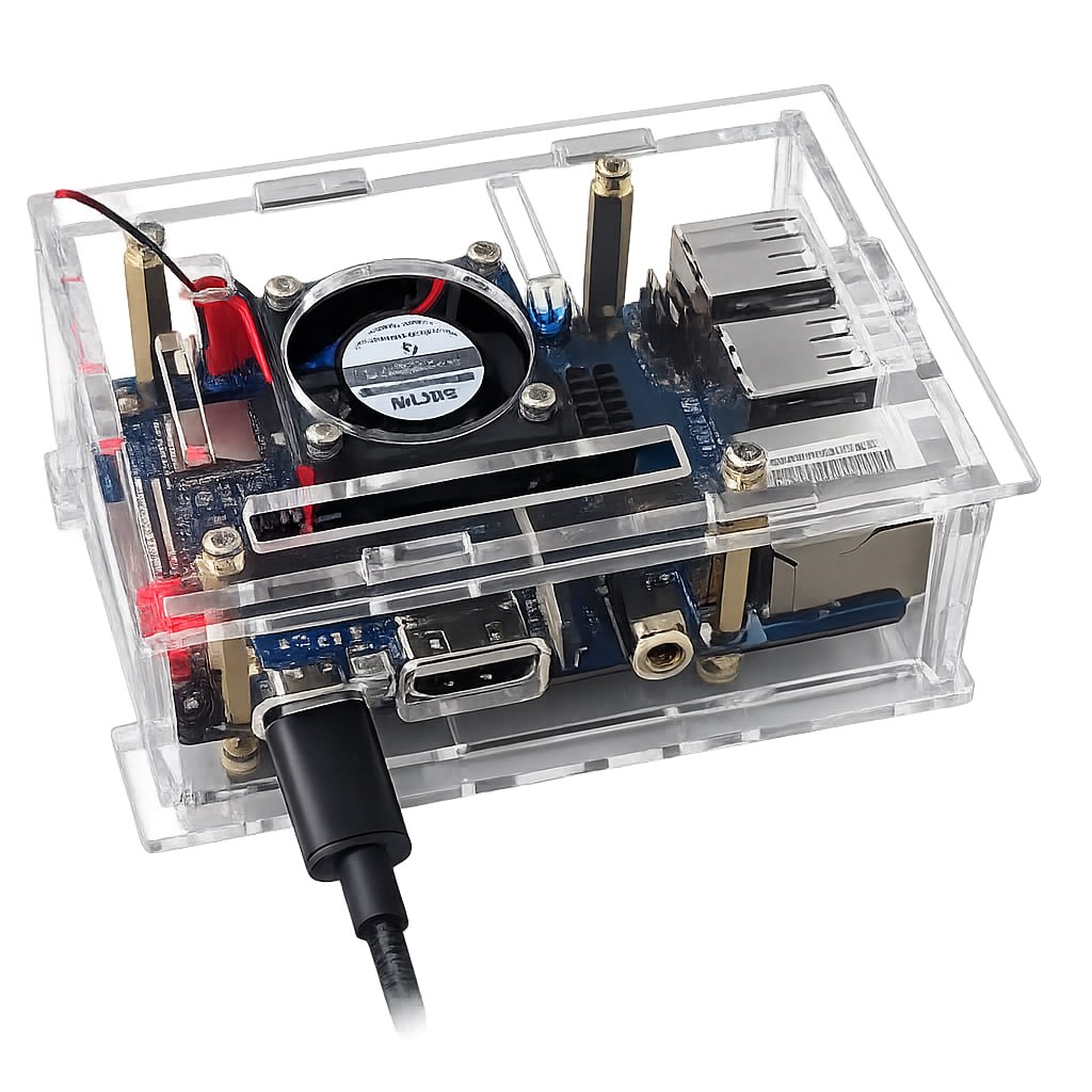 Orange Pi single-board computer in a transparent acrylic case with a cable connected