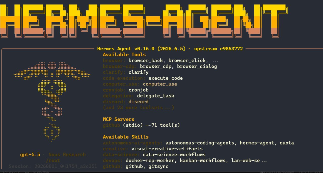 Hermes Agent terminal screen showing available tools, MCP servers, and skills