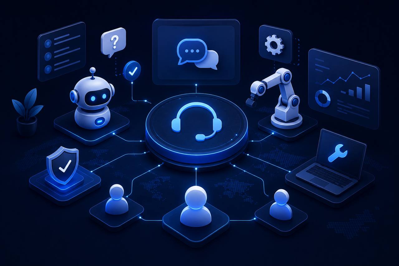 Connected IT support network with help desk, automation, security, users, tools, and analytics