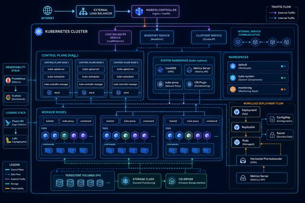 Kubernetes platform architecture map with traffic flow, control plane, workloads, storage, and observability