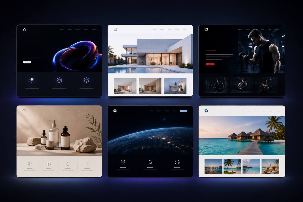 Gallery of polished website concepts for landing pages, portfolios, product pages, and hosted experiences